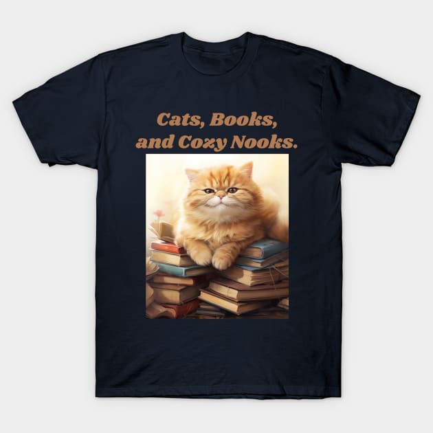 Cats, Books, and Cozy Nooks T-Shirt by KittyStampedeCo